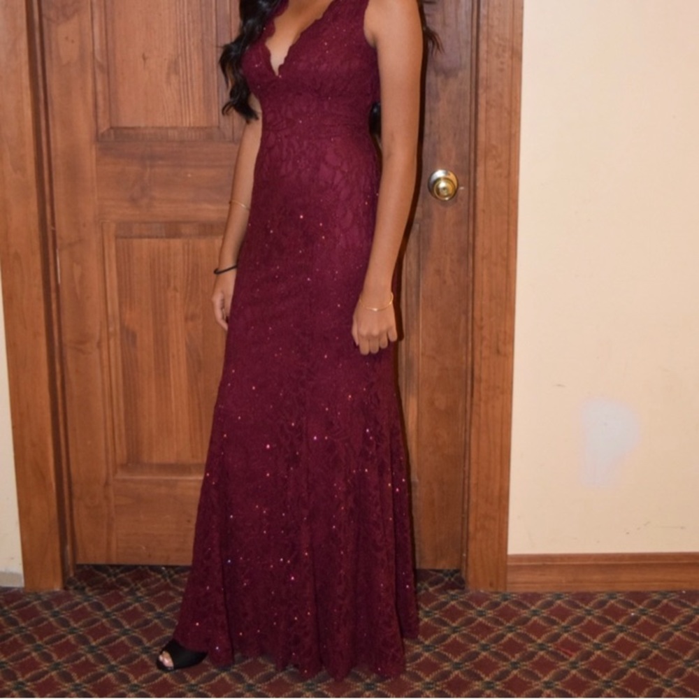 Burgundy lace, glittery evening dress